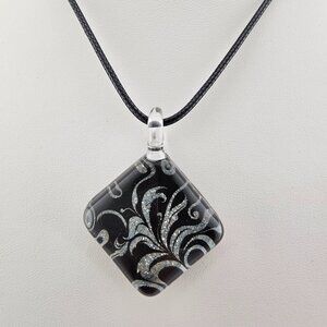 SUVANI Hand Blown Murano Glass Black Leaf Vine Pendant